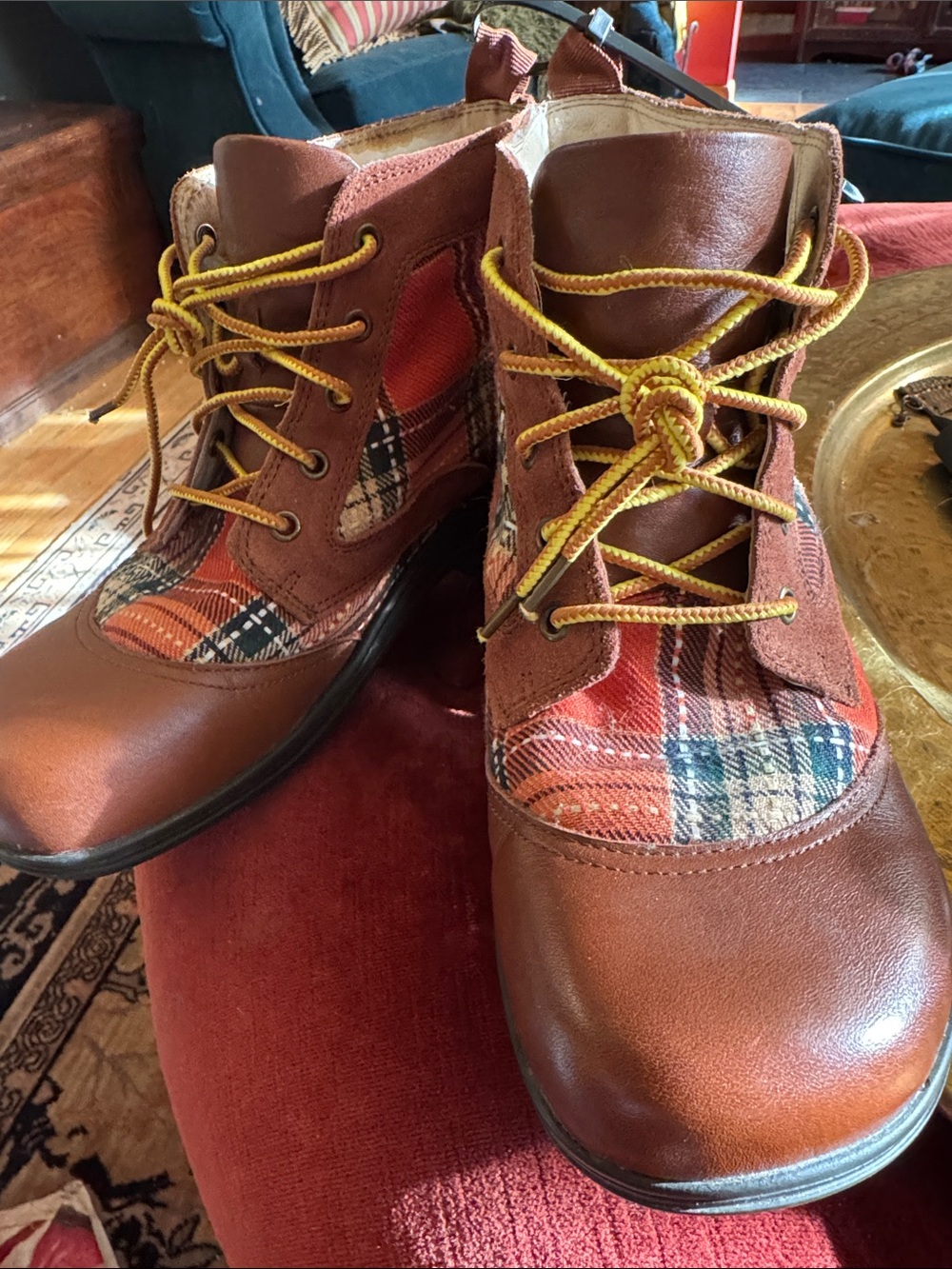 Alegria Brown Leather Ankle Boots with Orange Plaid Panels and Yellow Laces